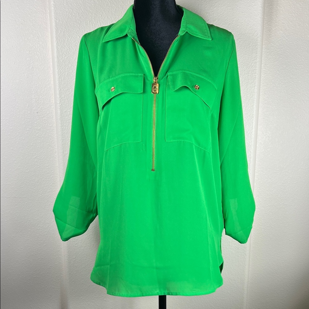 Michael Kors Vibrant Green Tunic Blouse with Branded Gold Hardware | Size Medium